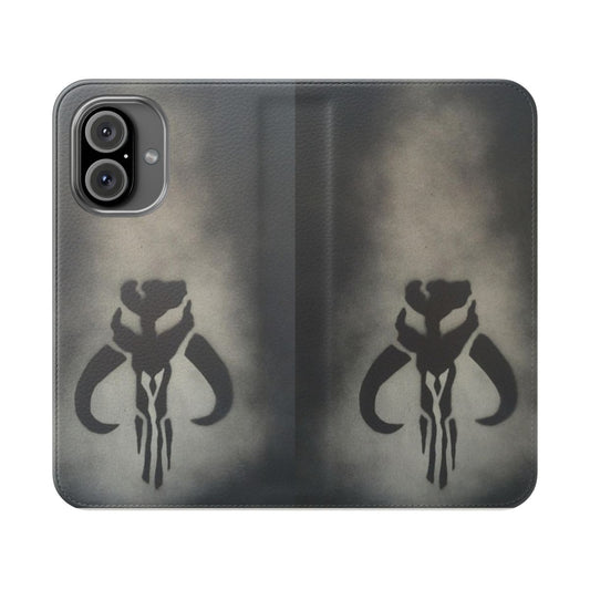 Mandalorian-inspired flip cover phone case with mythosaur skull design