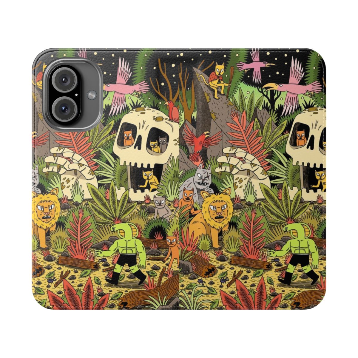 Jungle-themed phone case with colorful animal, plant, and nature designs