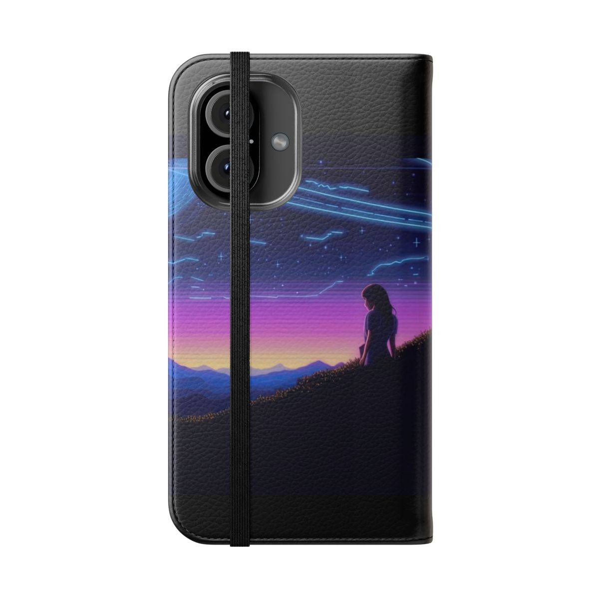 Cosmic night sky phone case with silhouetted mountains and vibrant neon glow - Folded Front