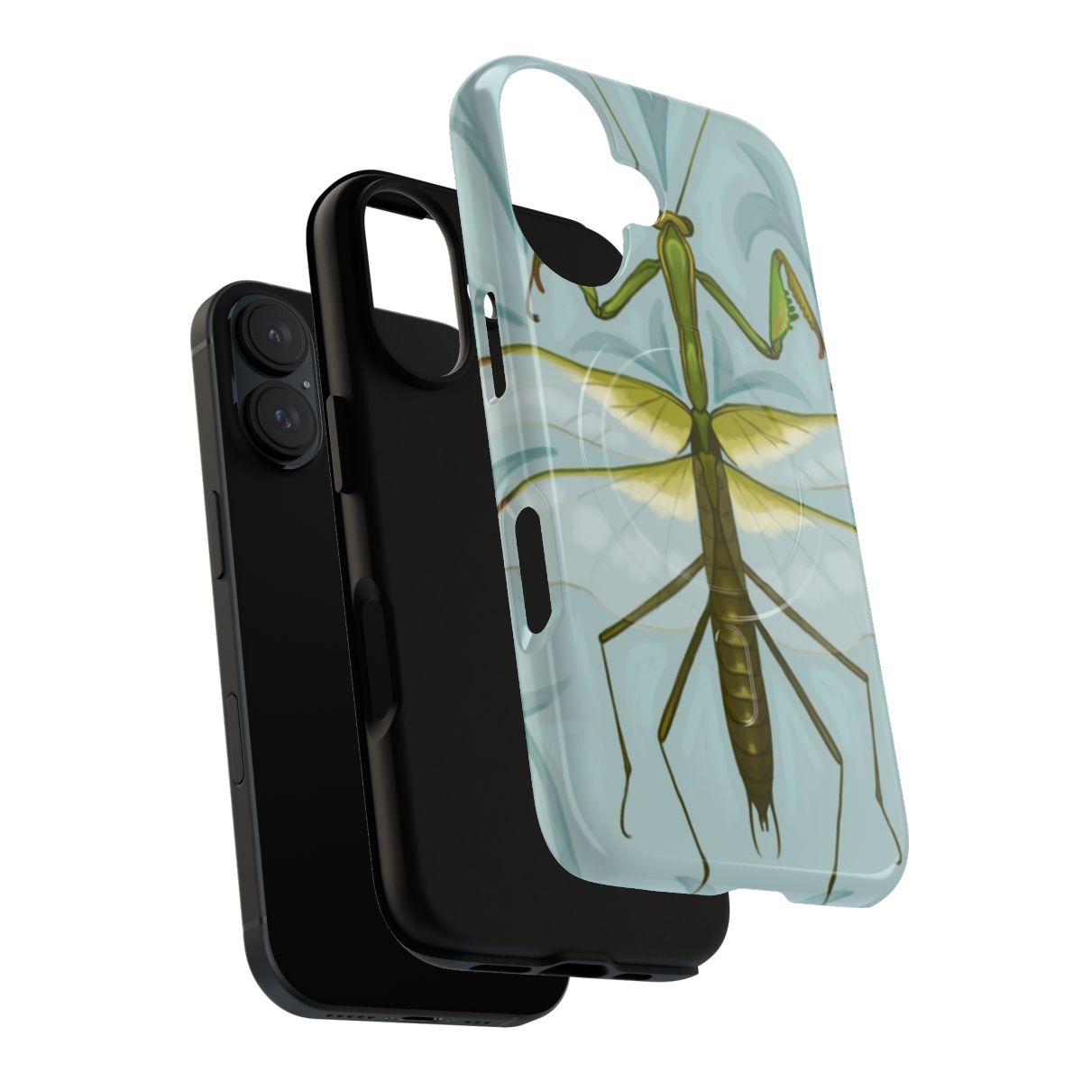 A magnetic tough phone case featuring a praying mantis diorama design in a natural, green setting. - Layers