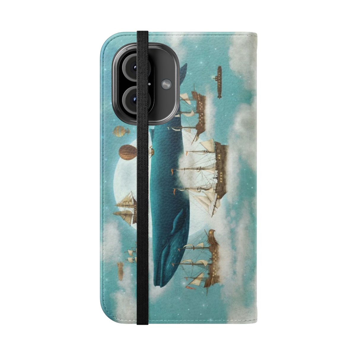 Flip phone case featuring whimsical ocean and night sky artwork inspired by book illustrations. - Folded Front