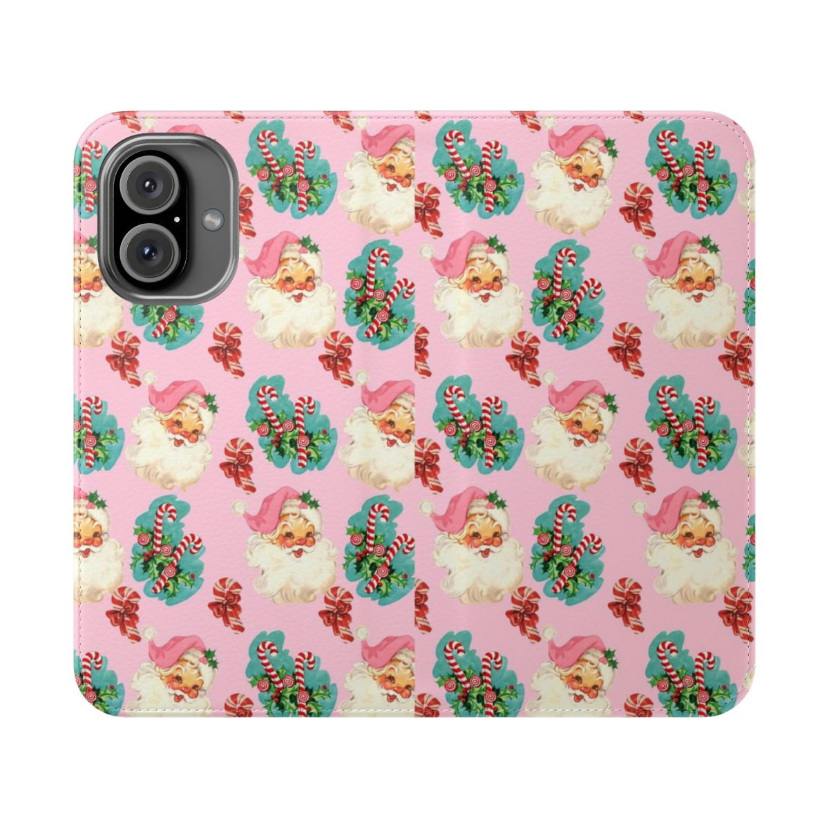 Vintage-style pink Christmas flip cover phone case with Santa Claus and candy canes