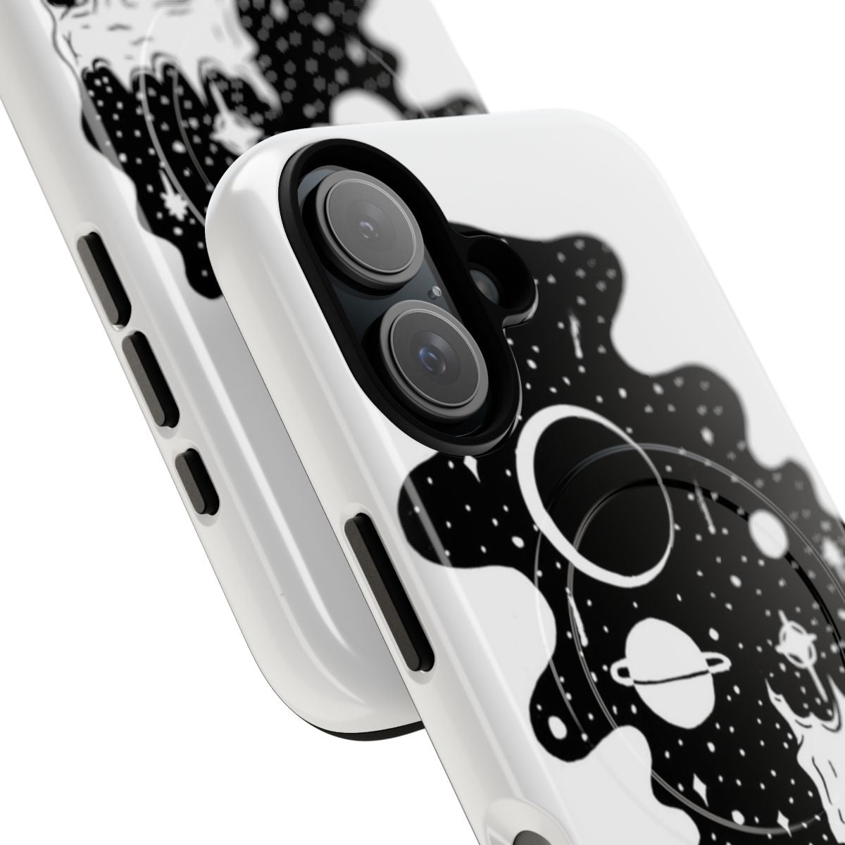 Space-inspired magnetic phone case with skull and skeleton design - Detail