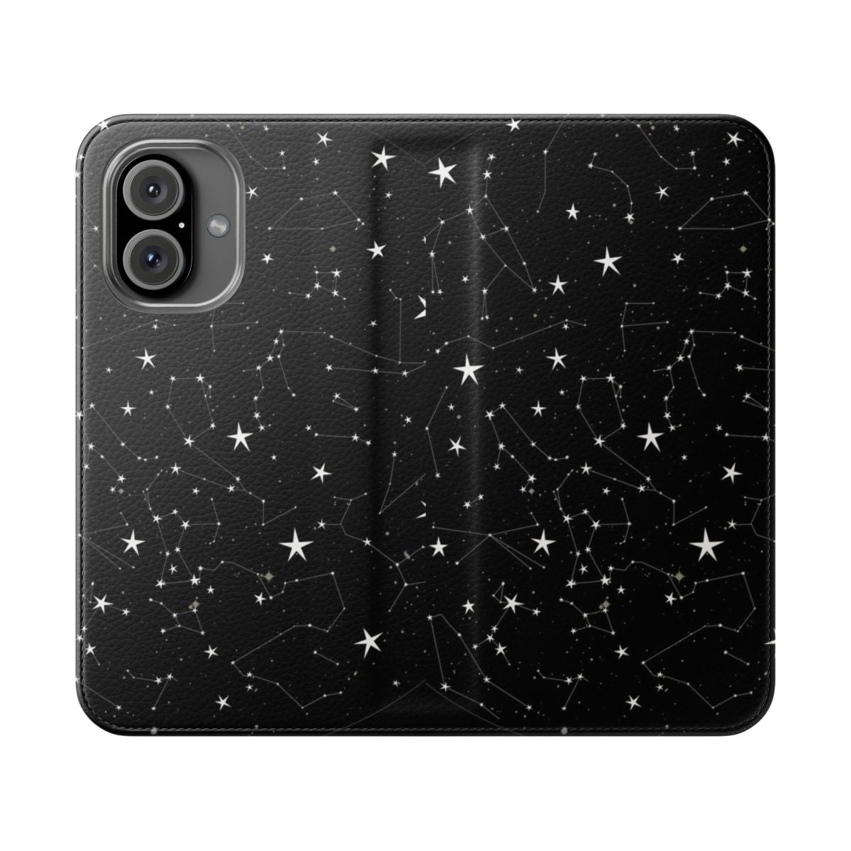 A black and white phone case with a graphic design featuring a cosmic constellation pattern.