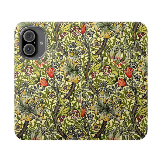 Vintage floral phone case with golden lily pattern, inspired by William Morris designs