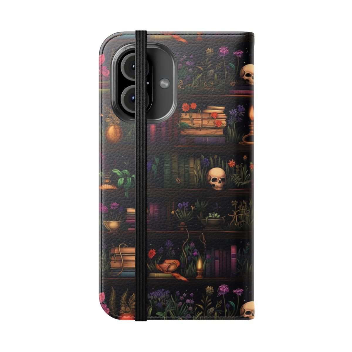 A dark and whimsical phone case featuring a bookshelf design with a witchy vibe. - Folded Front