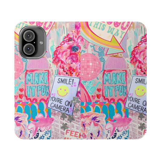 Preppy pink collage phone case with floral and fruit design