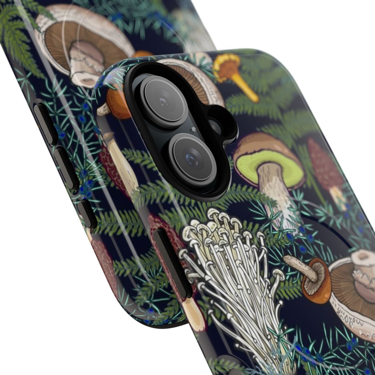 Dark forest phone case with whimsical mushroom illustration - Detail