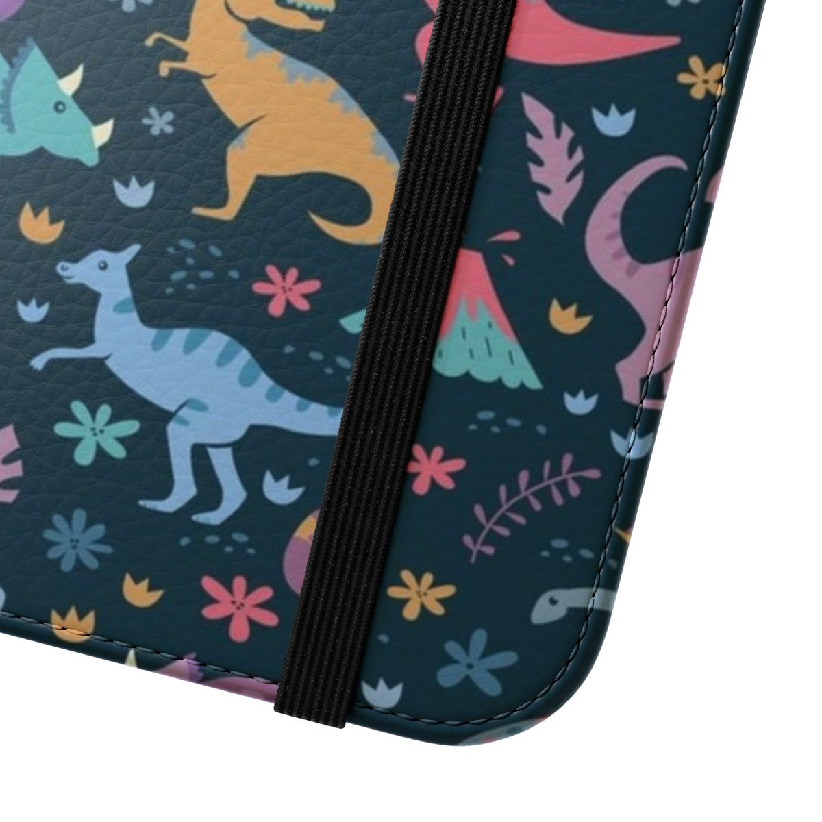 Vibrant dinosaur and botanical pattern phone case - Close Up