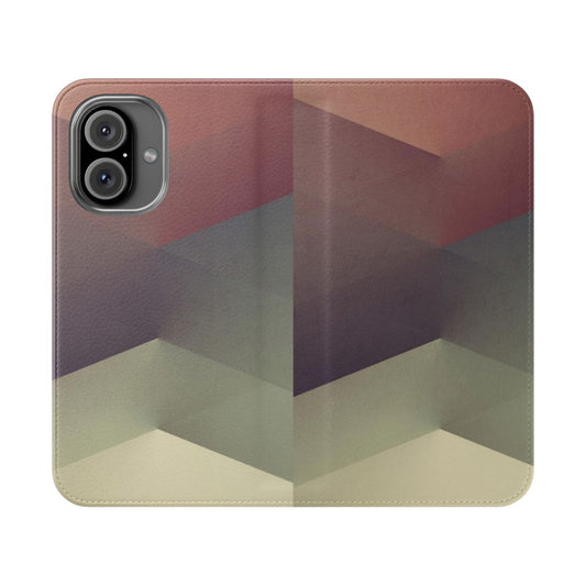 Colorful abstract and geometric pattern design on a phone flip cover case.