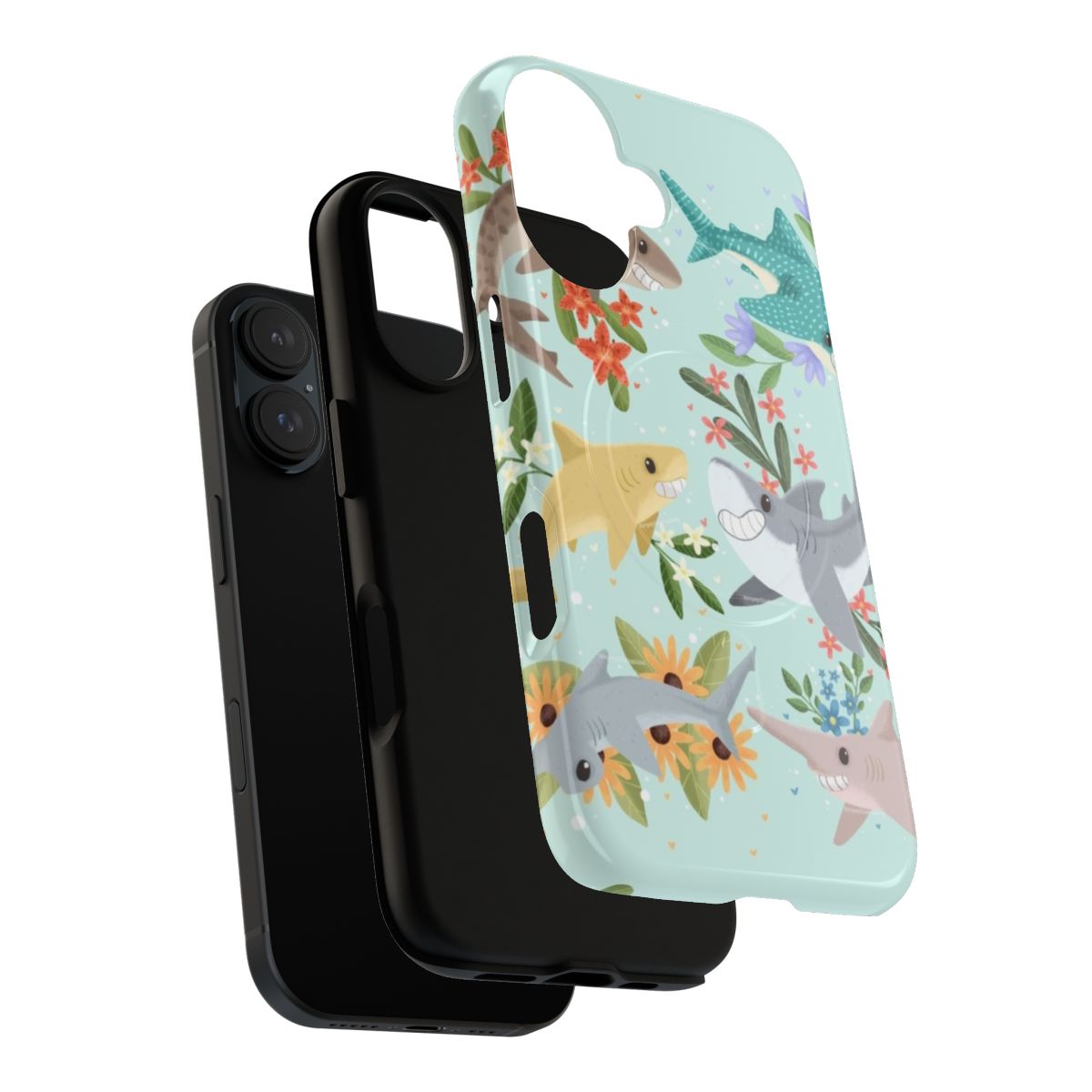 A colourful and stylish phone case featuring a floral design with a cute shark motif. - Layers