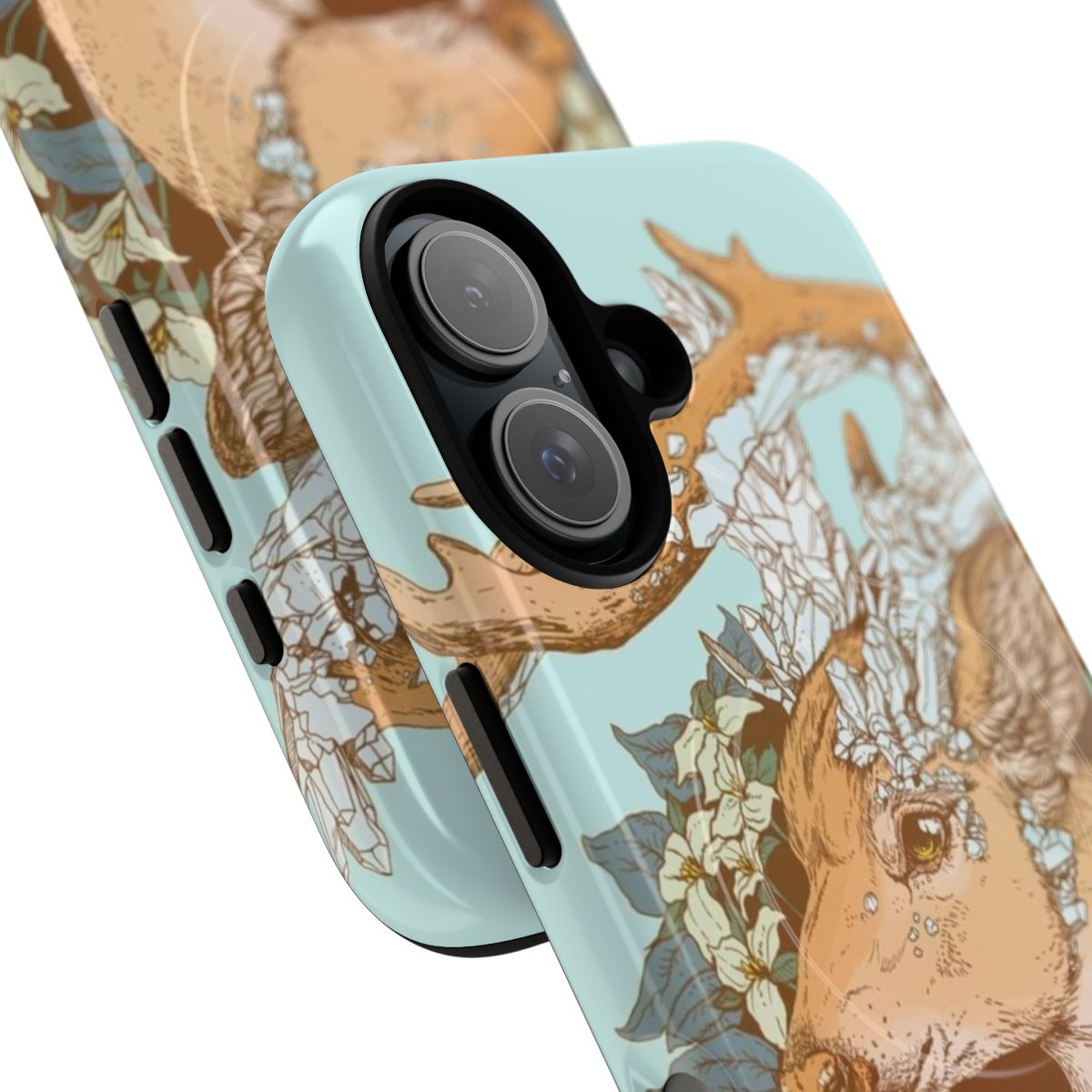 A phone case featuring a non-typical blue quartz buck design against a nature backdrop with trillium flowers. - Detail