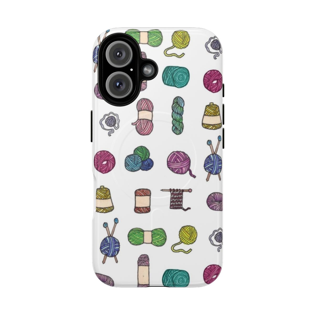 Colorful watercolor illustration of knitting balls of yarn on a durable phone case.