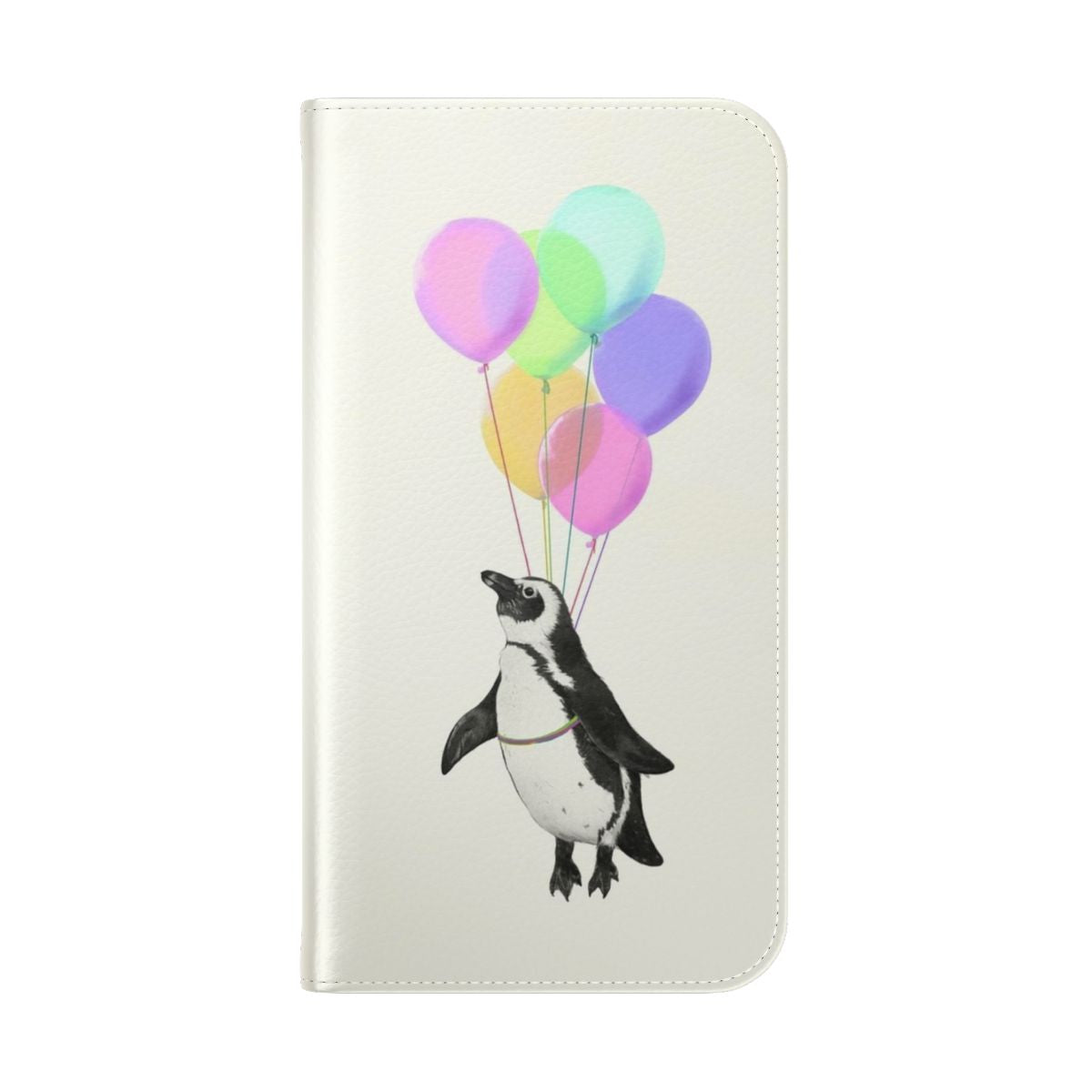 Whimsical flip phone case featuring a penguin flying with colorful balloons - Folded Back