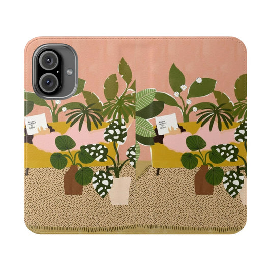 Flip cover phone case with abstract, botanical design for plant and book lovers