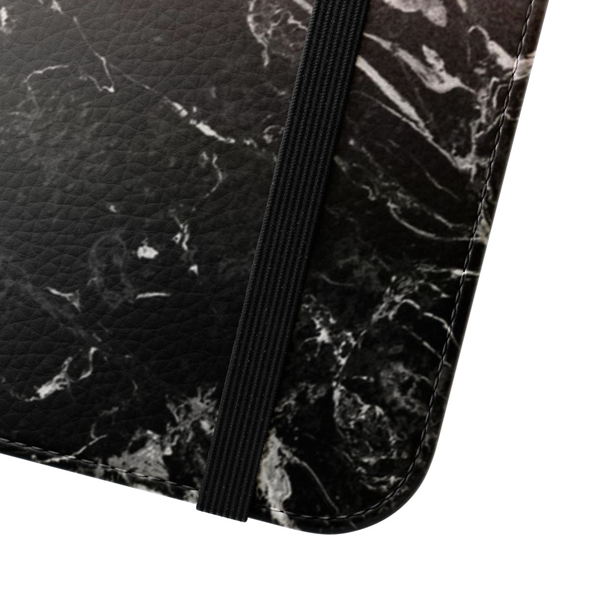 Closeup of a modern, ombre color block phone case in shades of black, rose gold, and white marble. - Close Up