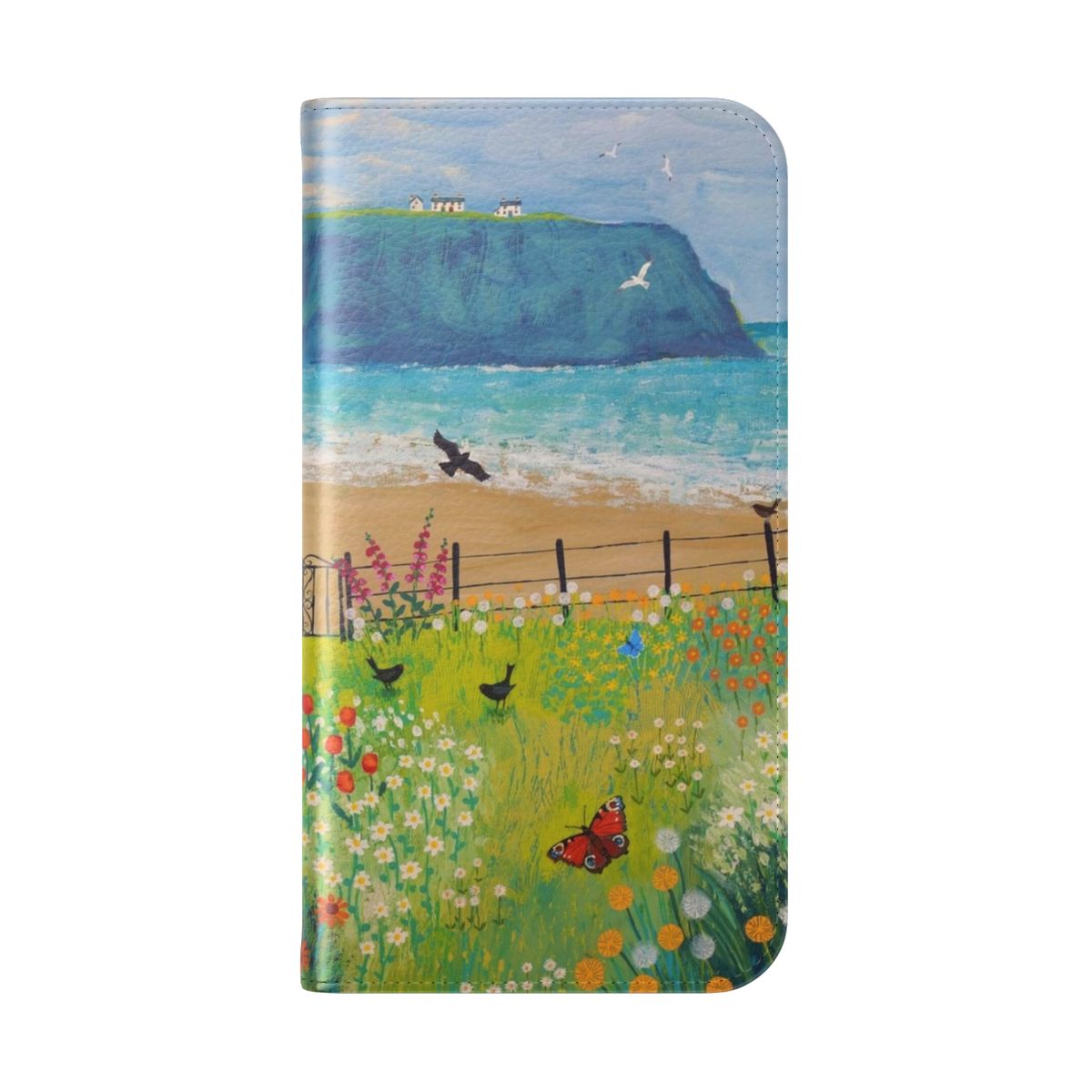 Flip cover phone case featuring a vibrant nature scene with flowers, birds, and the sea - Folded Back