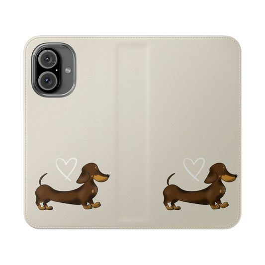 A chocolate and tan smooth-haired dachshund or sausage dog printed on a flip cover phone case.