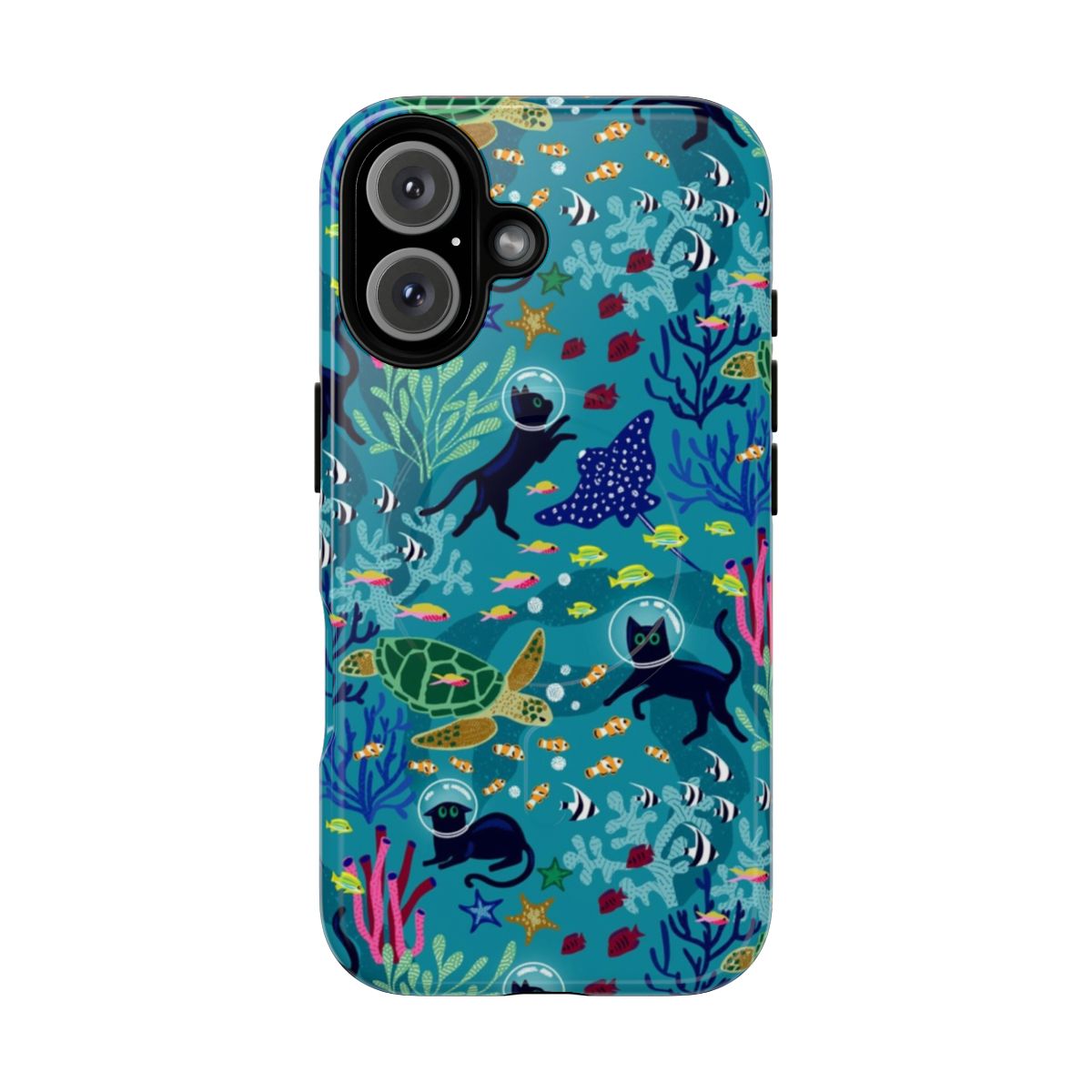 Magnetic tough phone case featuring a playful cat design exploring an underwater coral reef seabed.