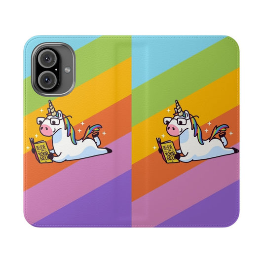 Colorful unicorn-themed flip cover phone case with a "Believe in Yourself" message