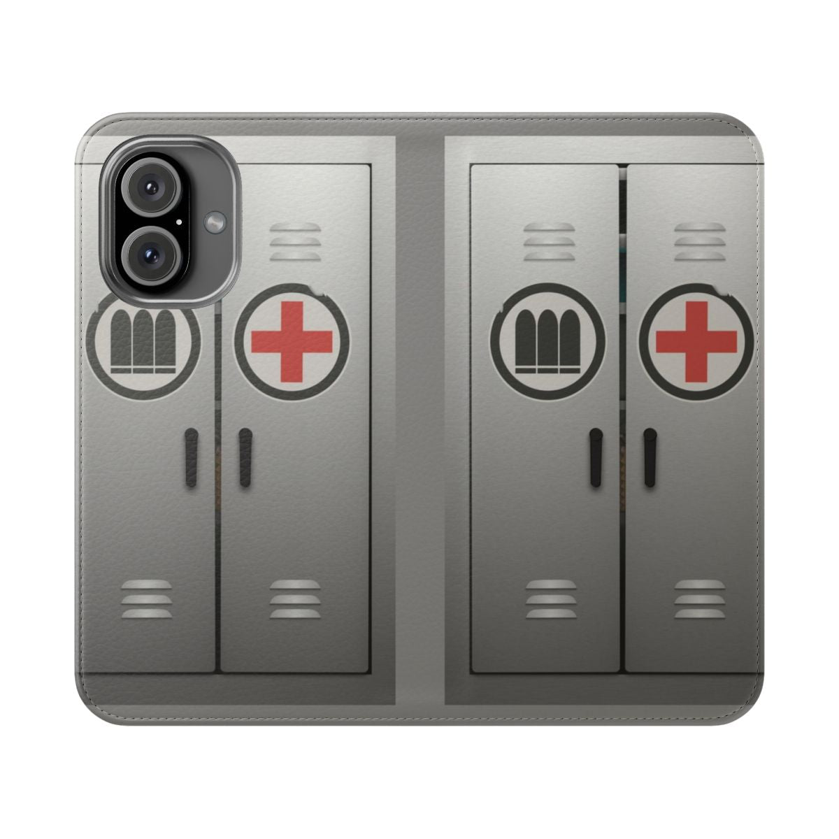 A flip cover phone case inspired by the resupply lockers in the game Team Fortress 2.