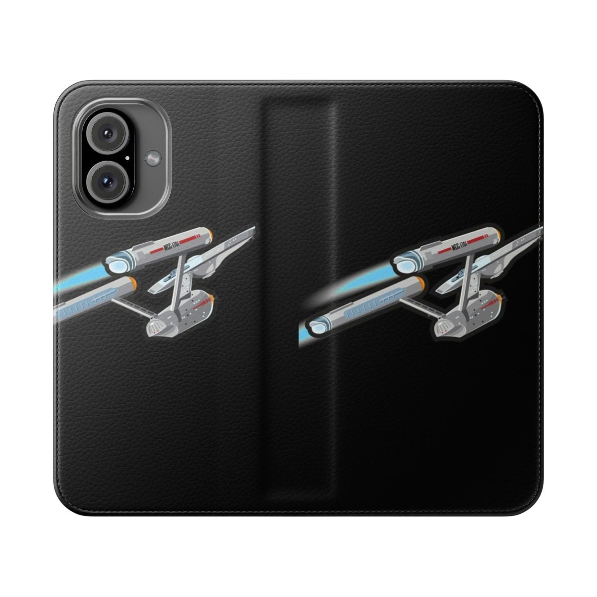 Retro-style flip phone case inspired by the USS Enterprise from the original Star Trek series