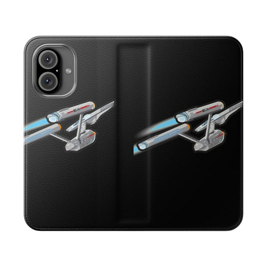 Retro-style flip phone case inspired by the USS Enterprise from the original Star Trek series