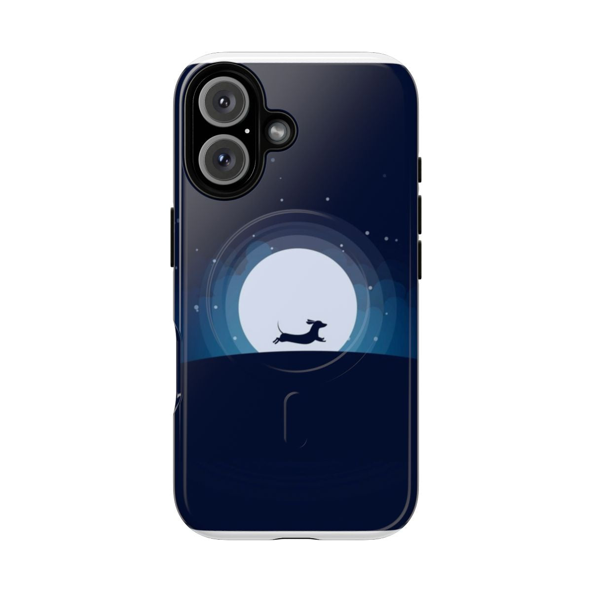 A tough phone case featuring a dachshund design on a moon background.