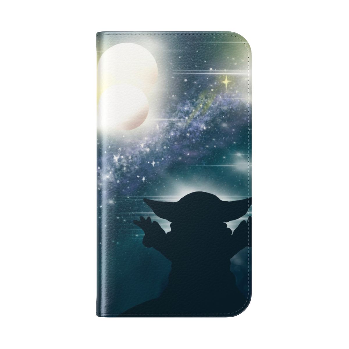 A flip cover phone case featuring a silhouetted child watching a starry, galactic sky - Folded Back