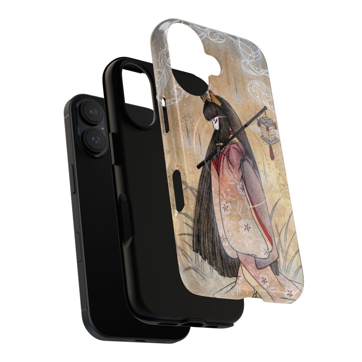 Vibrant watercolor illustration of a kitsune or Japanese fox spirit on a protective magnetic phone case. - Layers