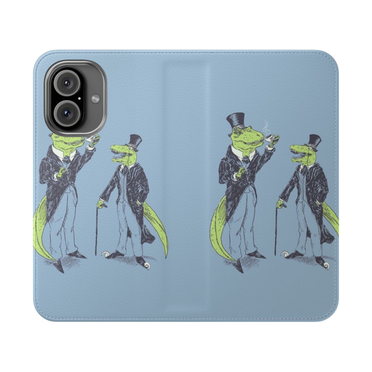 Stylish phone case featuring a T-Rex and Velociraptor in suits with monocles and canes.