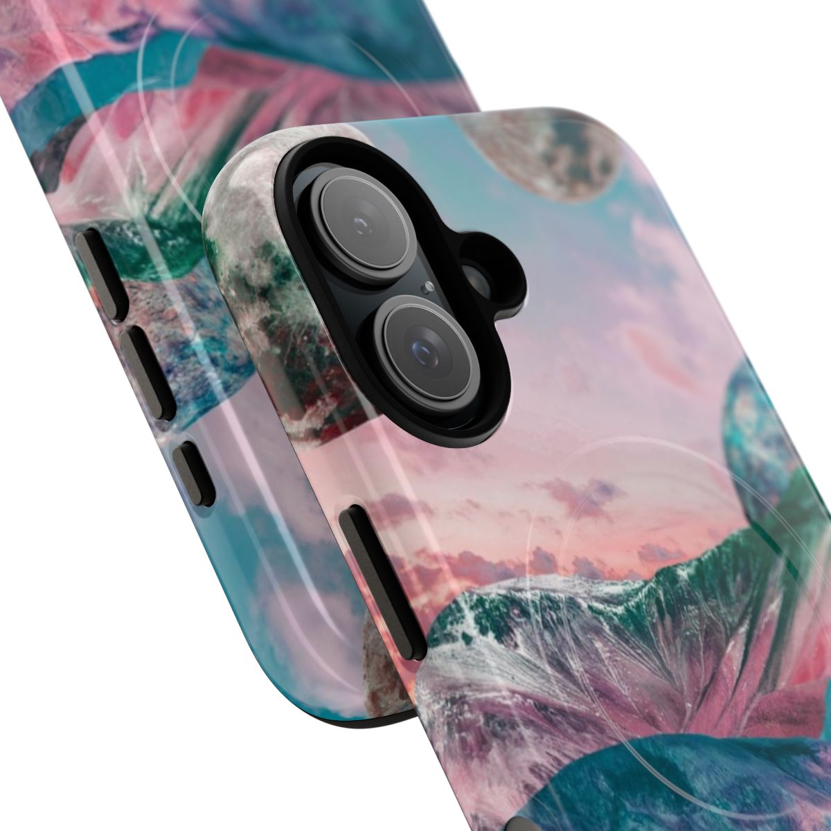 Colorful phone case with unique collage artwork featuring landscapes, galaxies, and other natural elements. - Detail