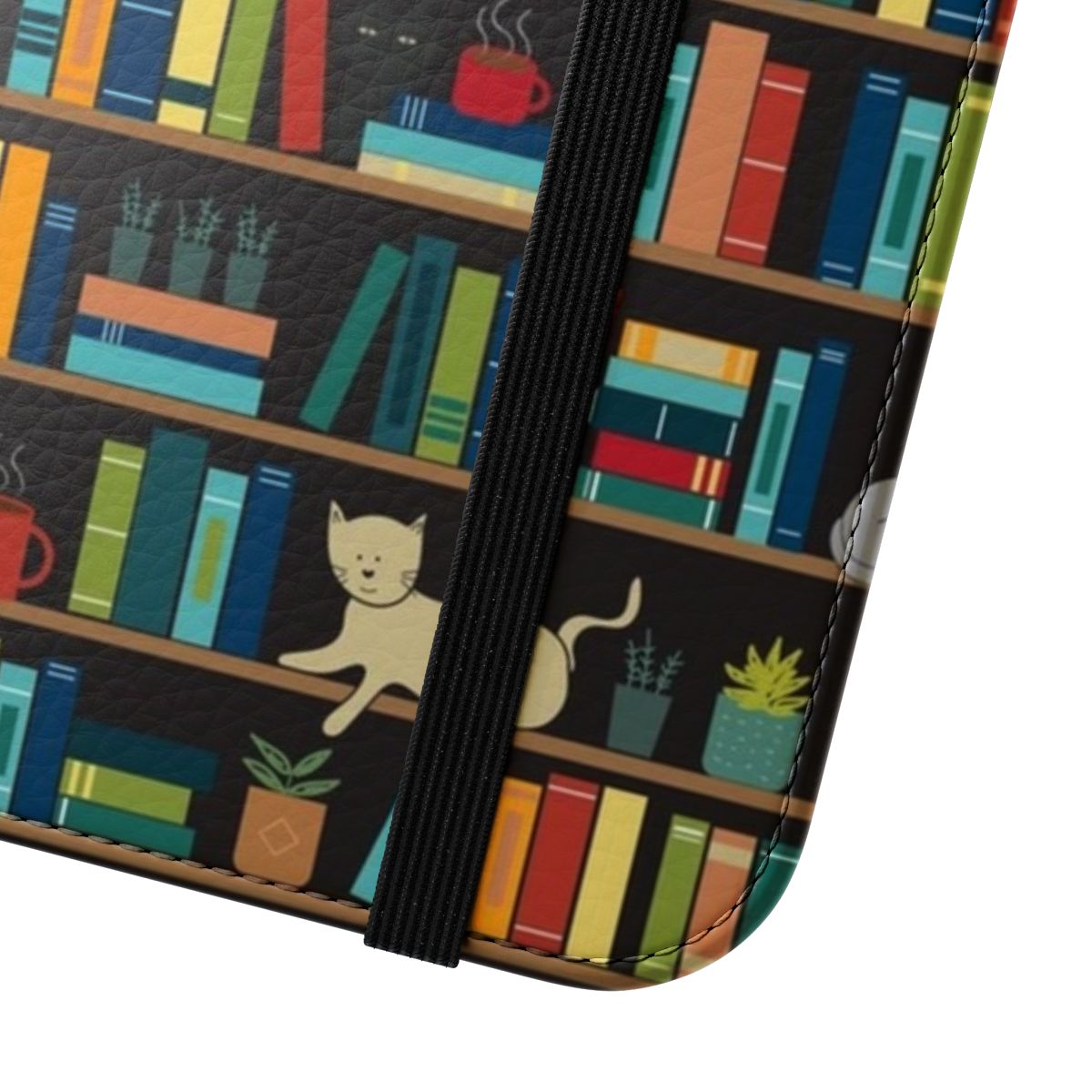 Stylish flip cover phone case for book lovers, authors, and librarians with a cat lover theme. - Close Up