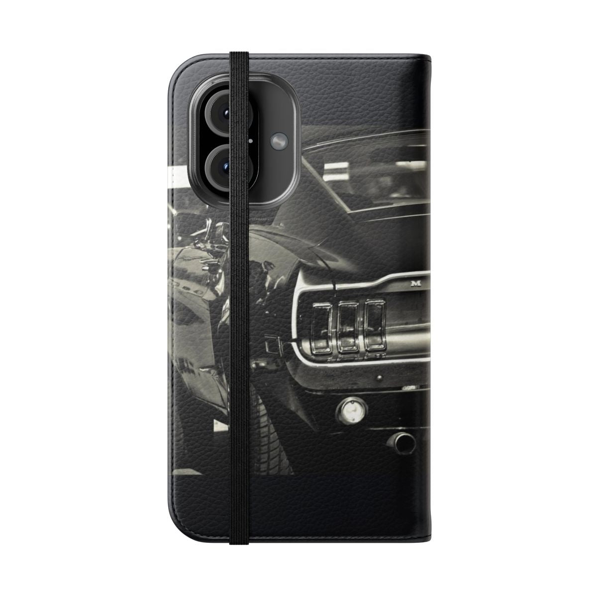 Muscle car-themed flip phone case with Ford Mustang design - Folded Front