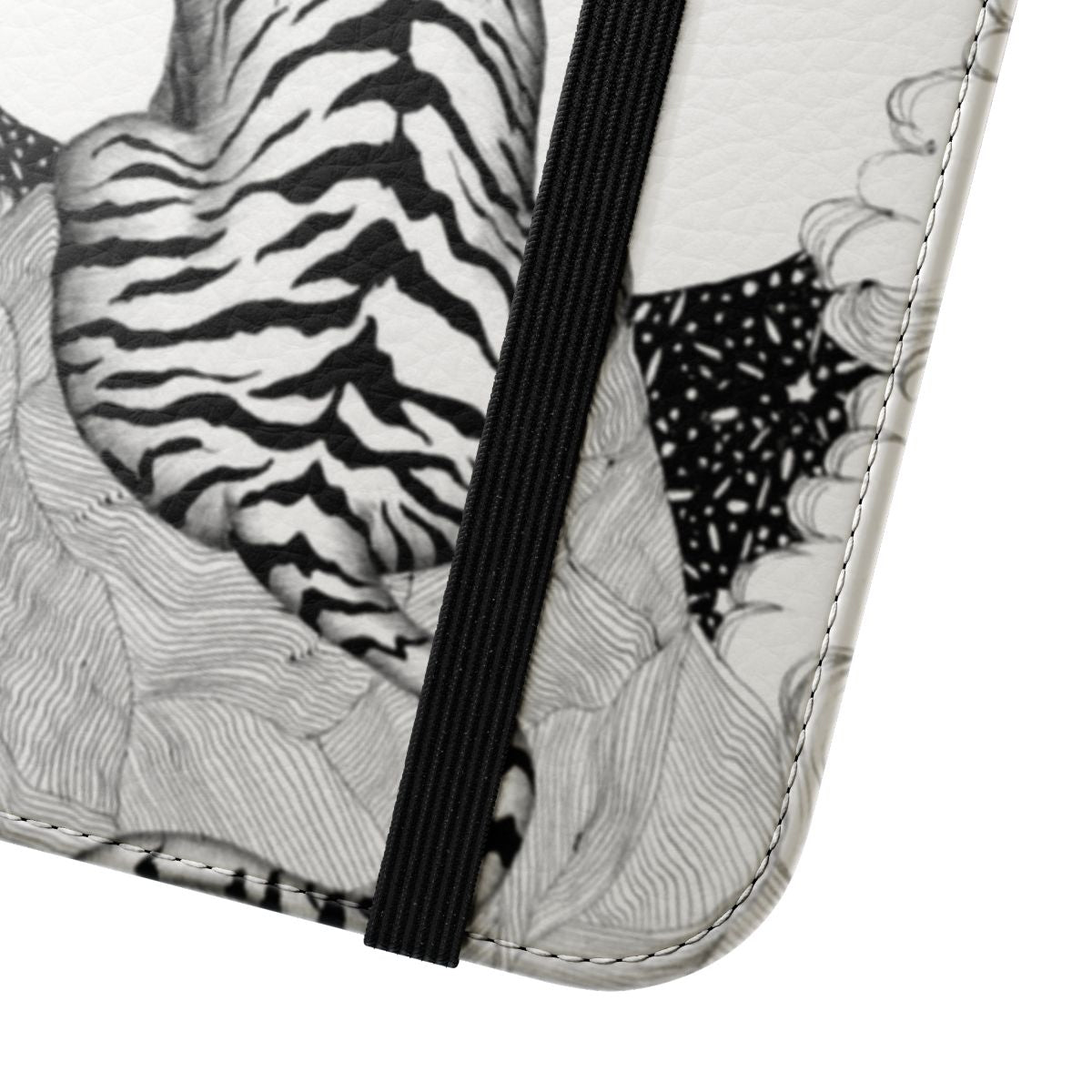 A striking black and white ink drawing of a tiger and moon on a flip cover phone case - Close Up