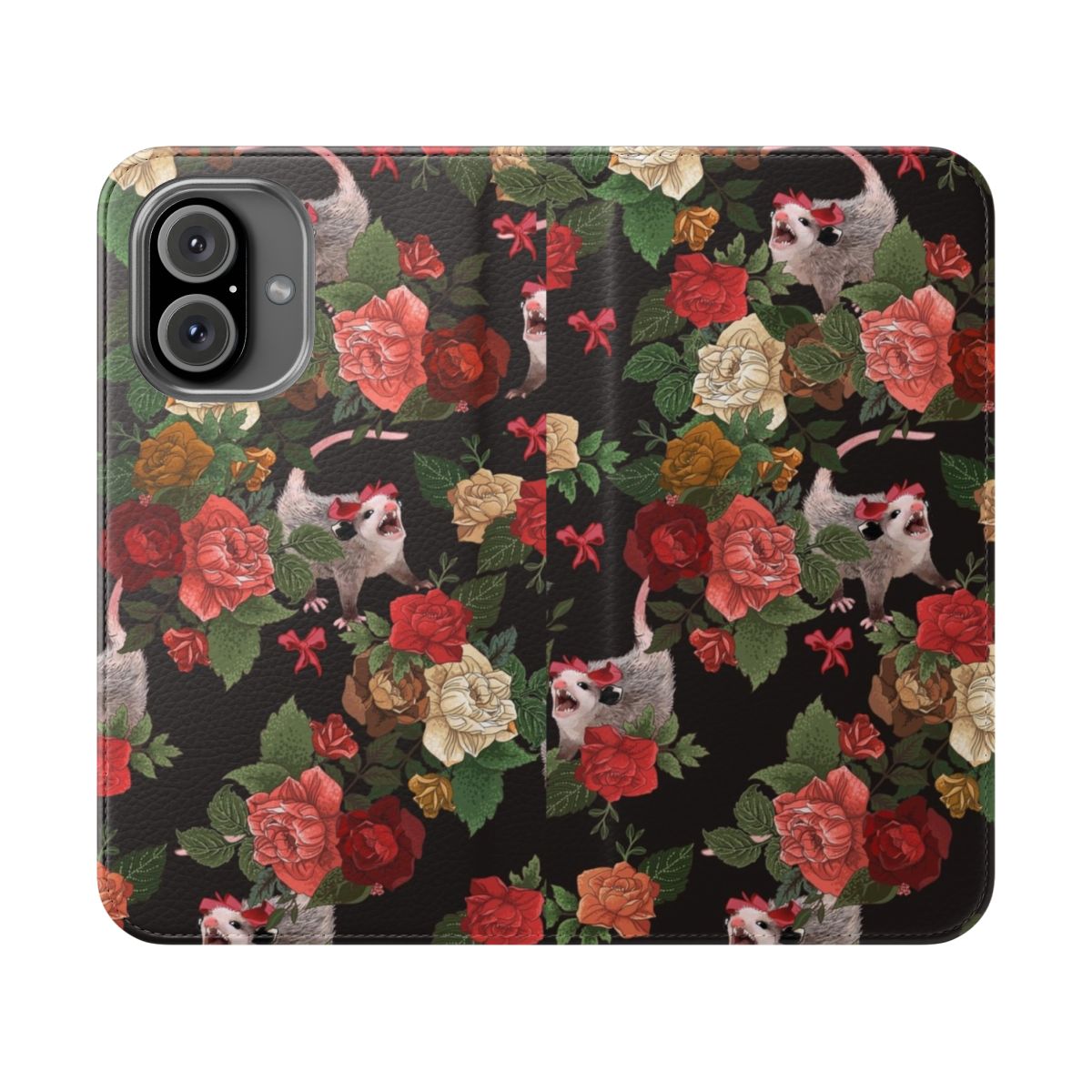 A cute and quirky floral phone case featuring a screaming opossum design.