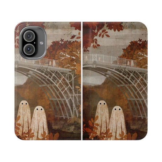 Vintage-style phone case featuring a ghostly autumn landscape with a haunted bridge