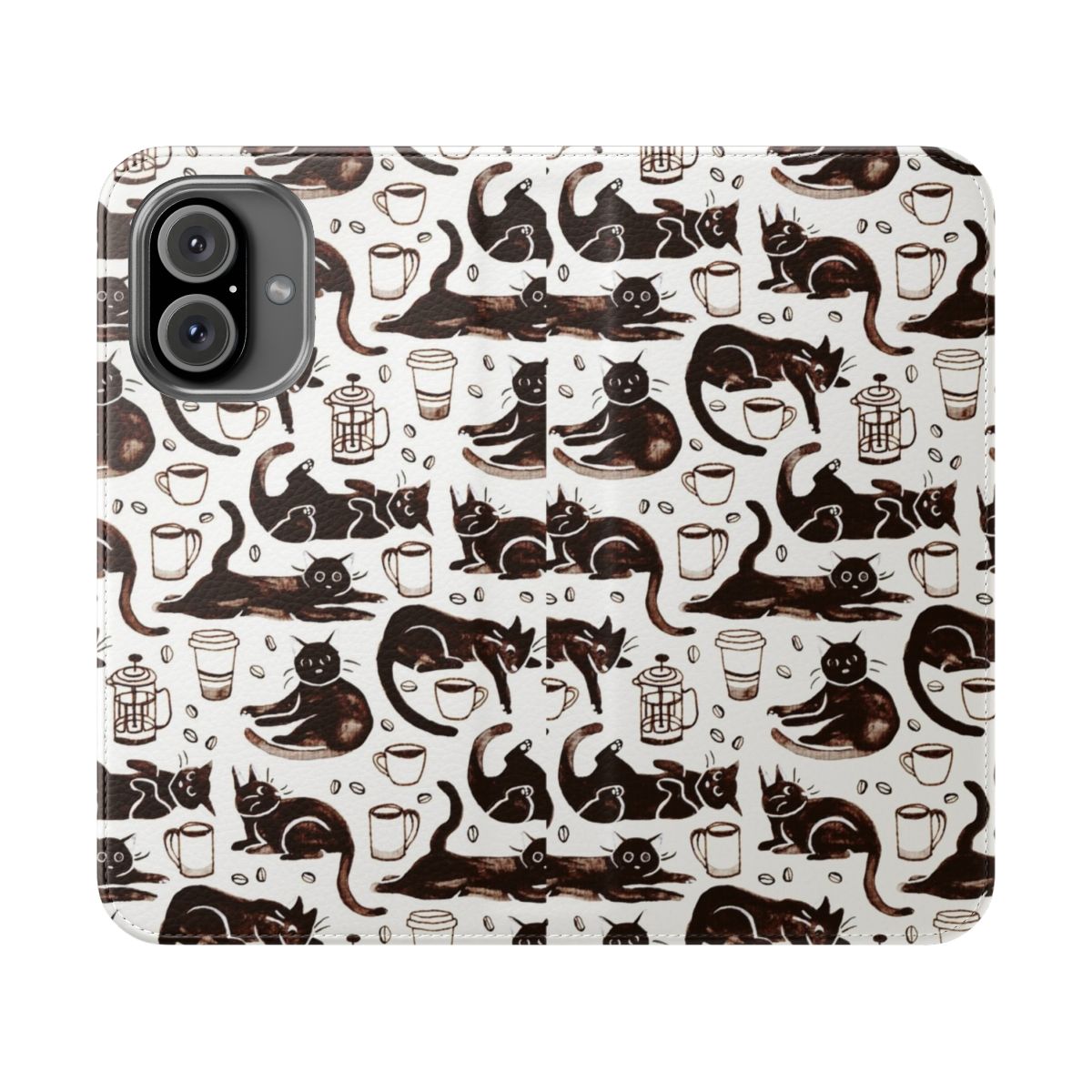 Gouache black cat painting on a phone case with a repeating pattern design