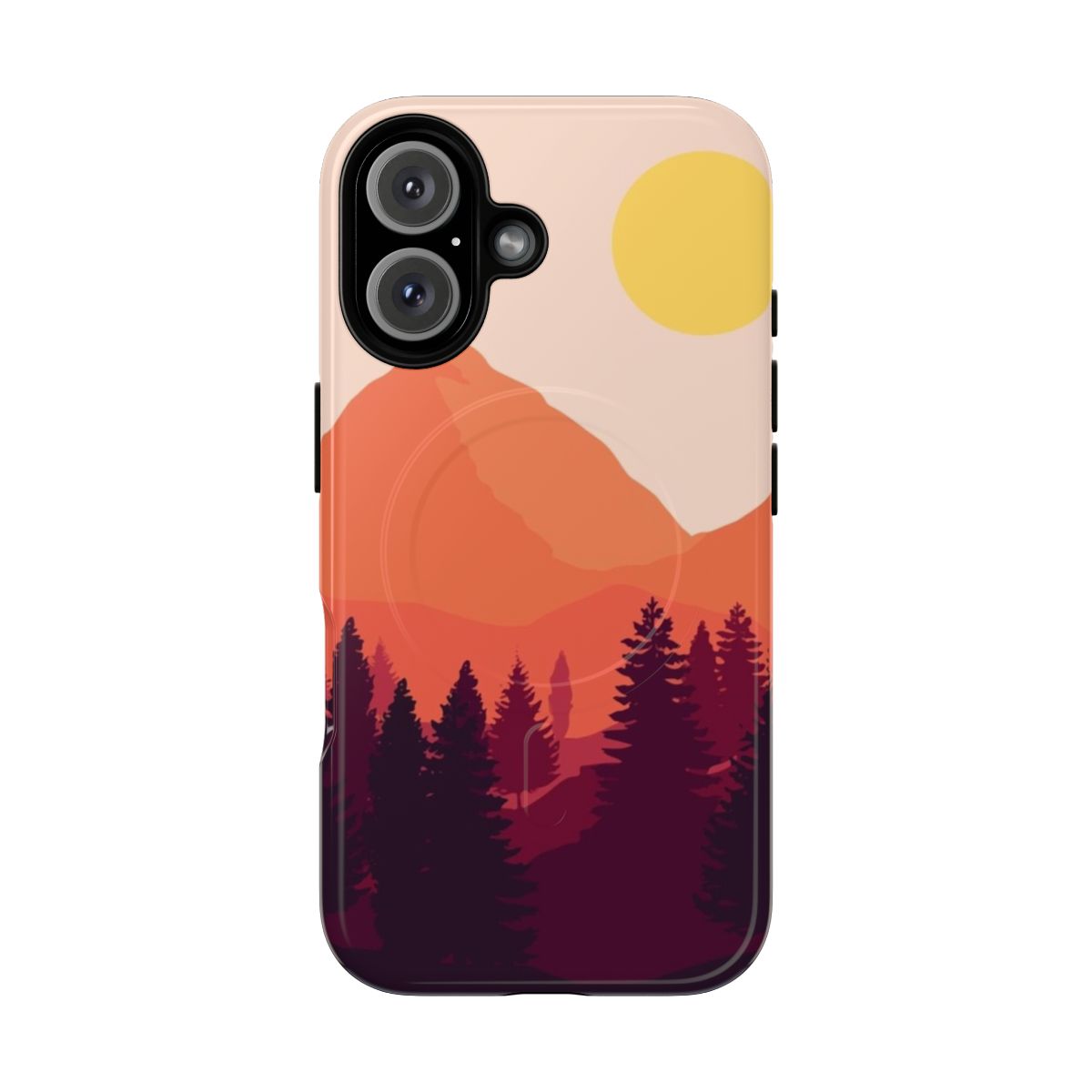 A rugged phone case featuring a forest mountain horizon landscape design.