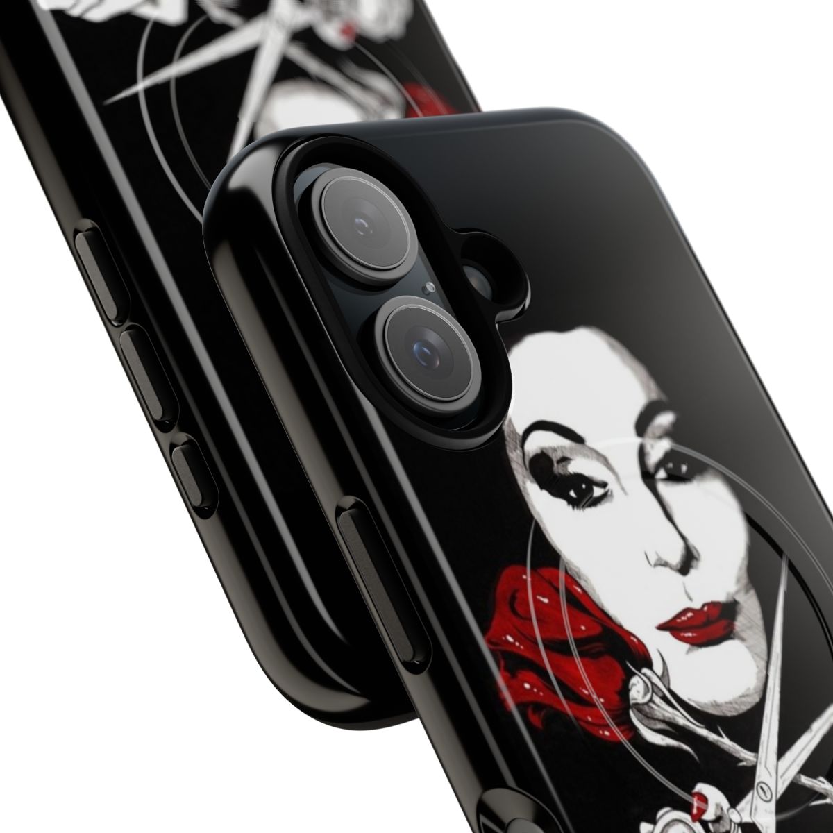 Dark and magnetic phone cases featuring Addams Family characters and a gothic, feminist aesthetic. - Detail