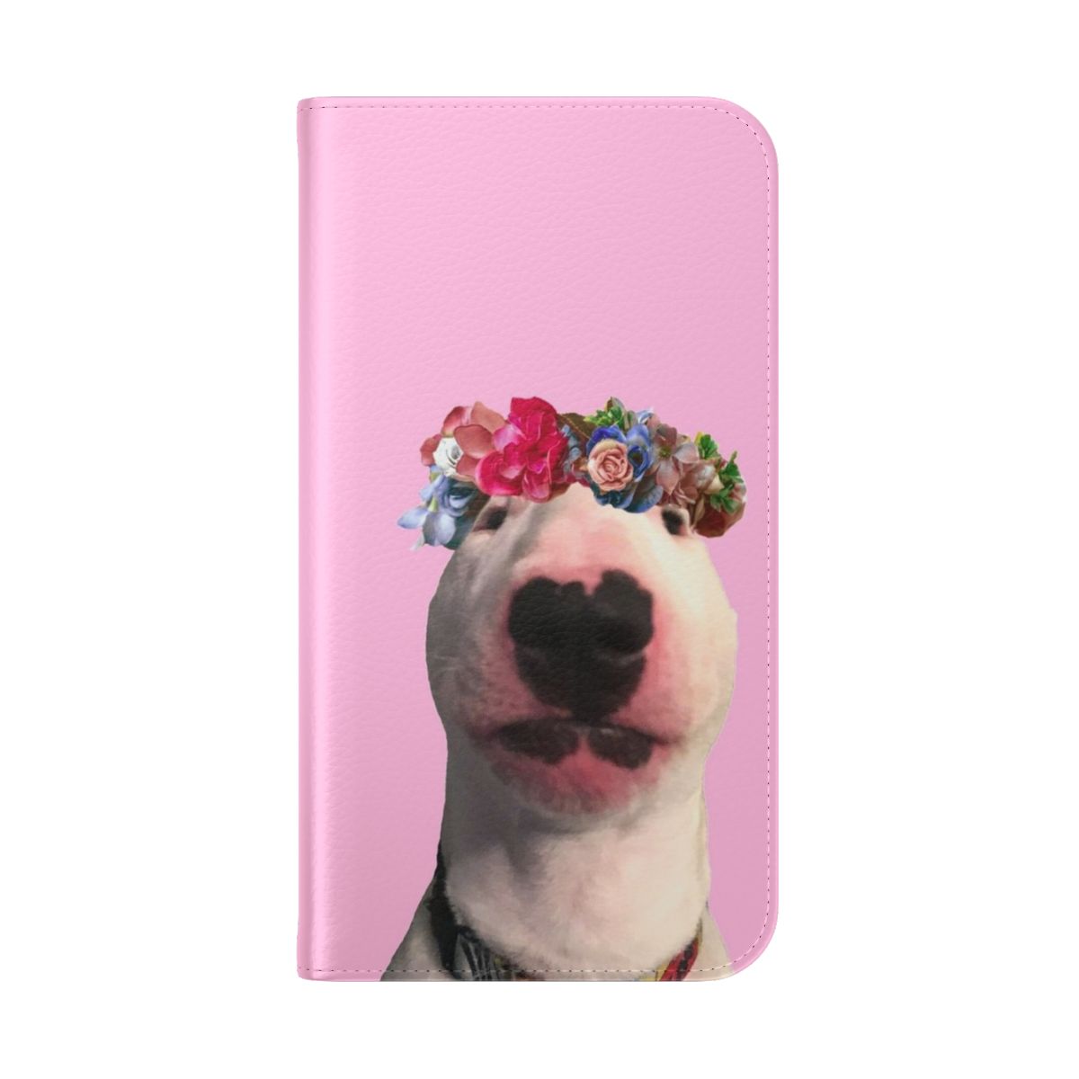 Vibrant flower-patterned phone case featuring a bull terrier design - Folded Back