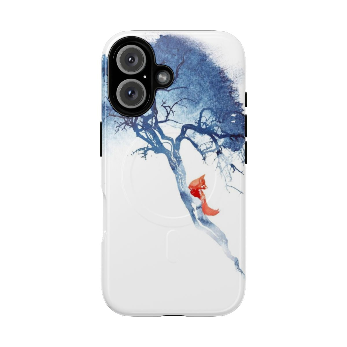 Watercolor illustration of a fox and tree on a magnetic phone case