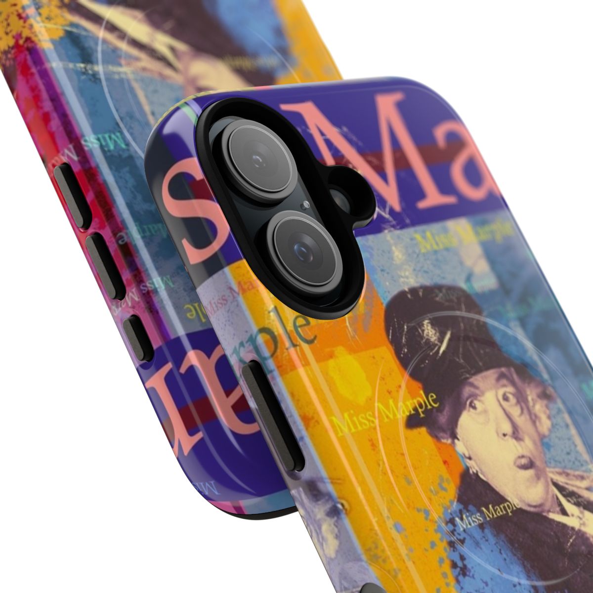 Artistic portrait of Miss Marple, the famous detective from England, on a vintage-style phone case. - Detail