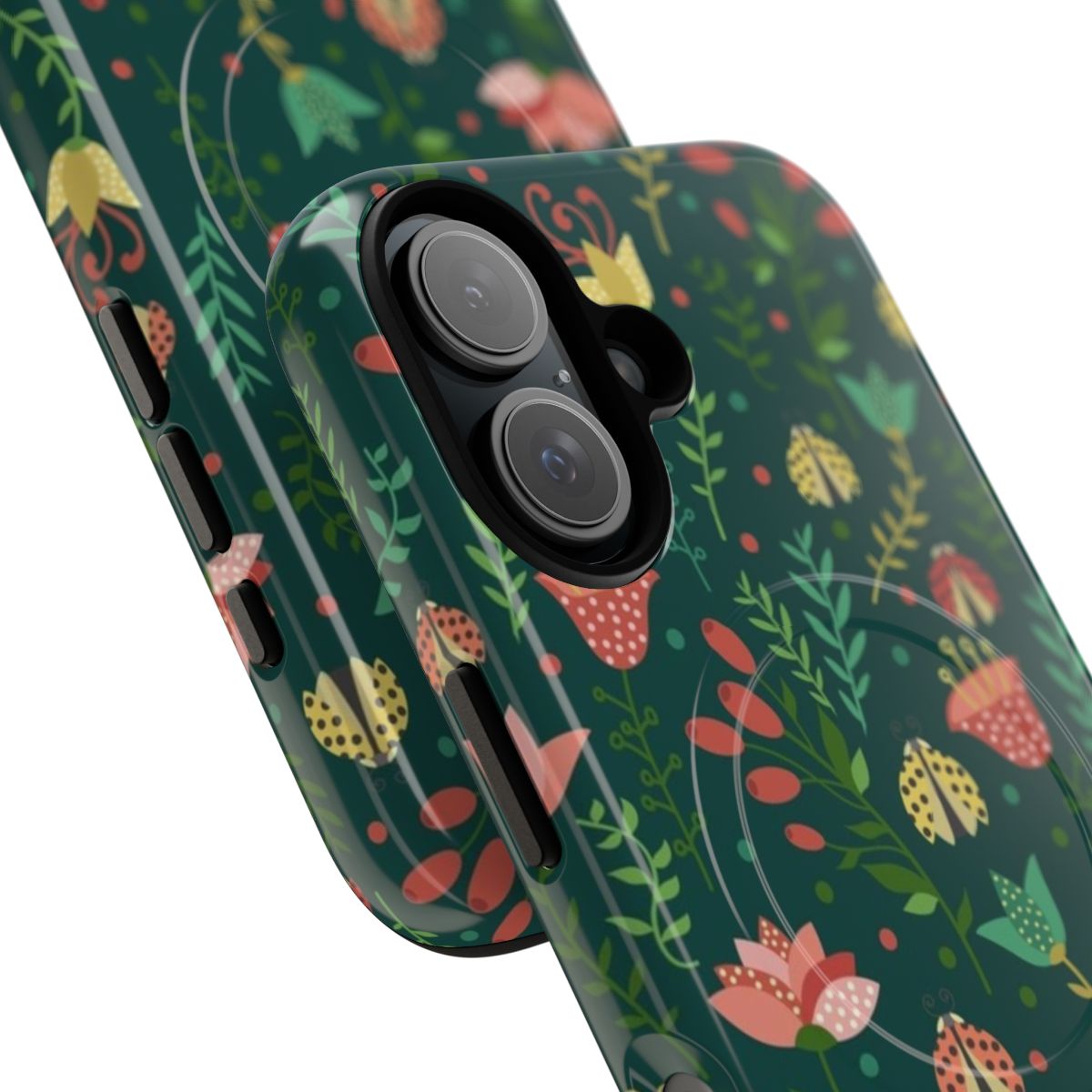 Vibrant floral pattern phone case with flowers, leaves, and ladybugs against a colorful background. - Detail