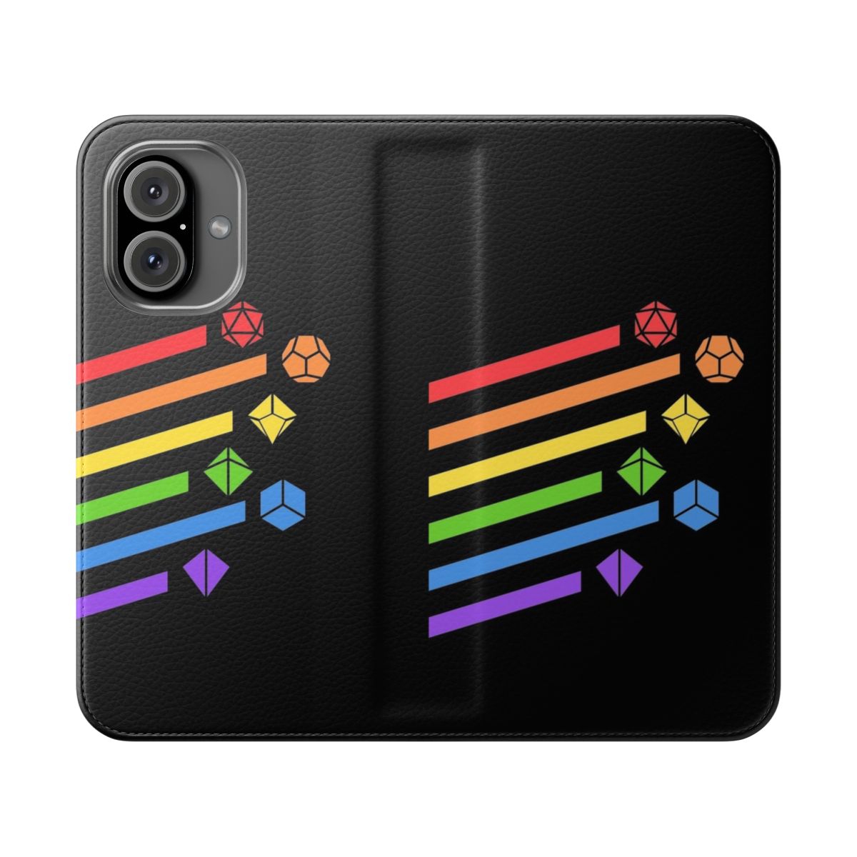 Colorful gaming dice in a flip cover phone case