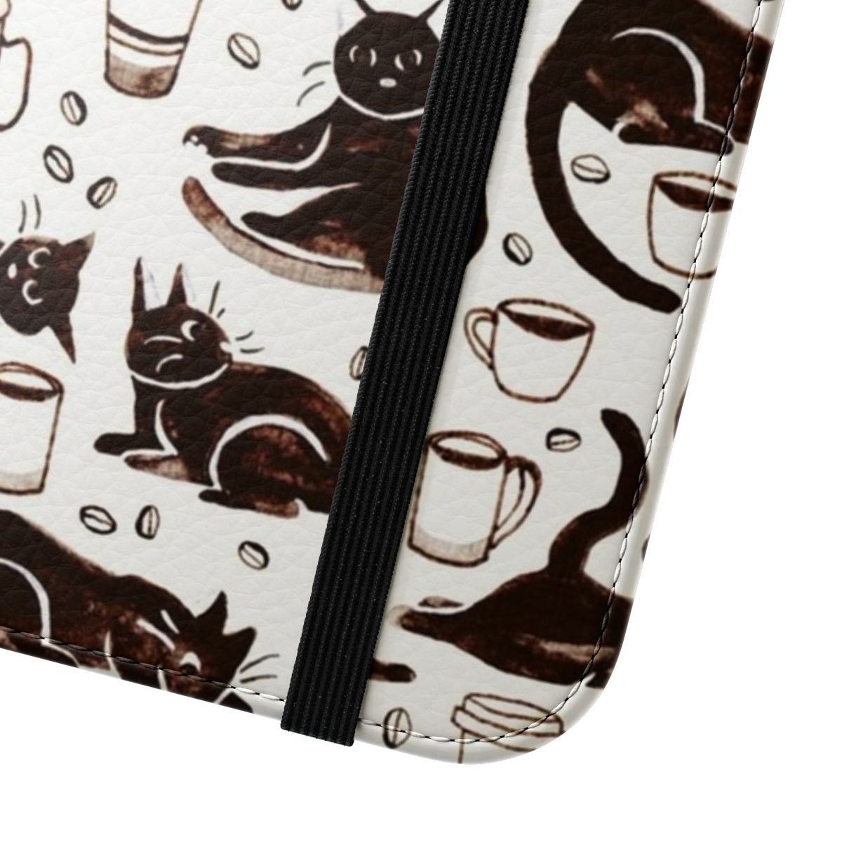 Gouache black cat painting on a phone case with a repeating pattern design - Close Up