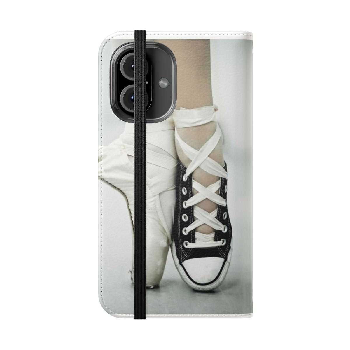 Ballet-inspired pointe shoe phone case with a pink and black design - Folded Front