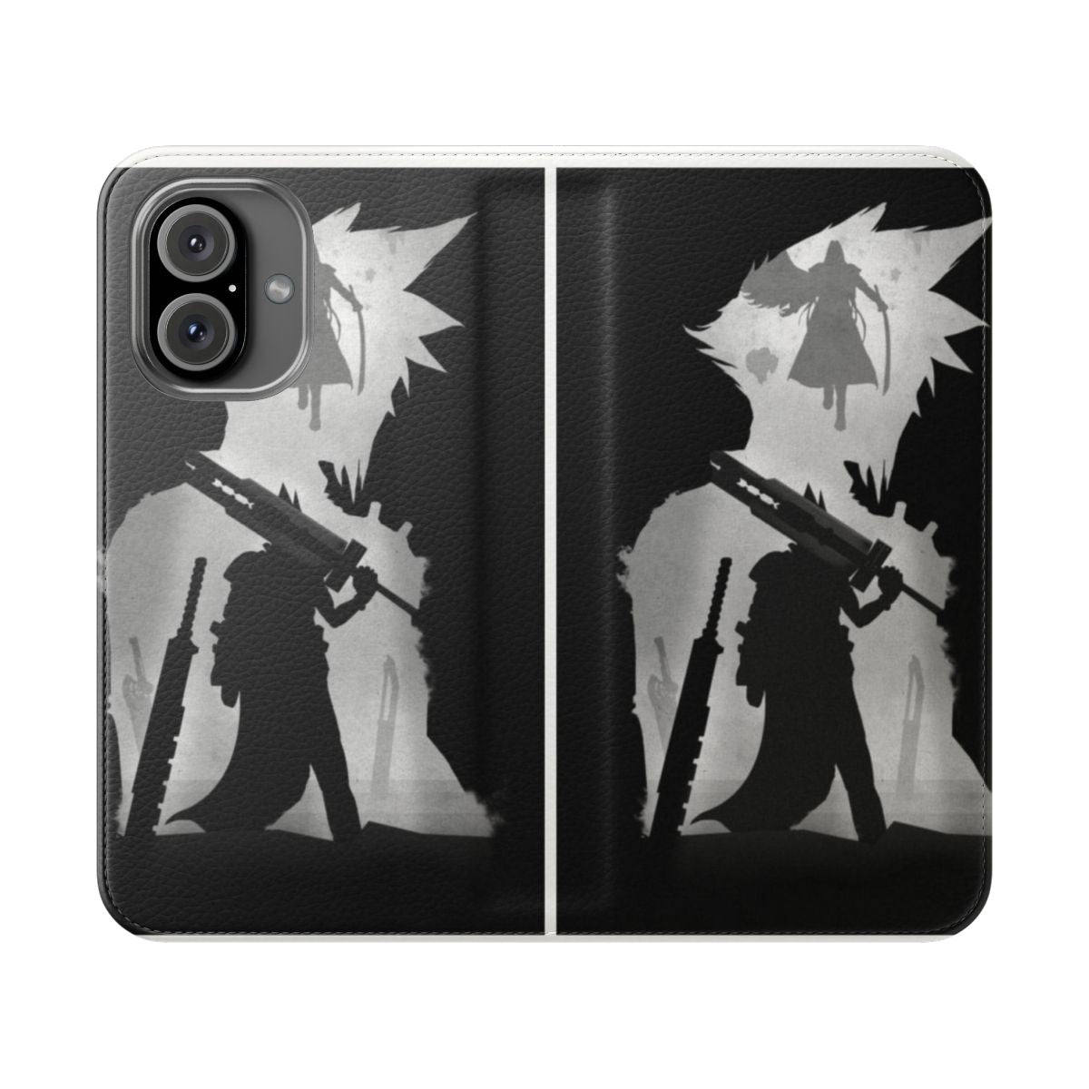 Artistic black and white shadow design of characters from the popular Final Fantasy video game series on a flip cover phone case.