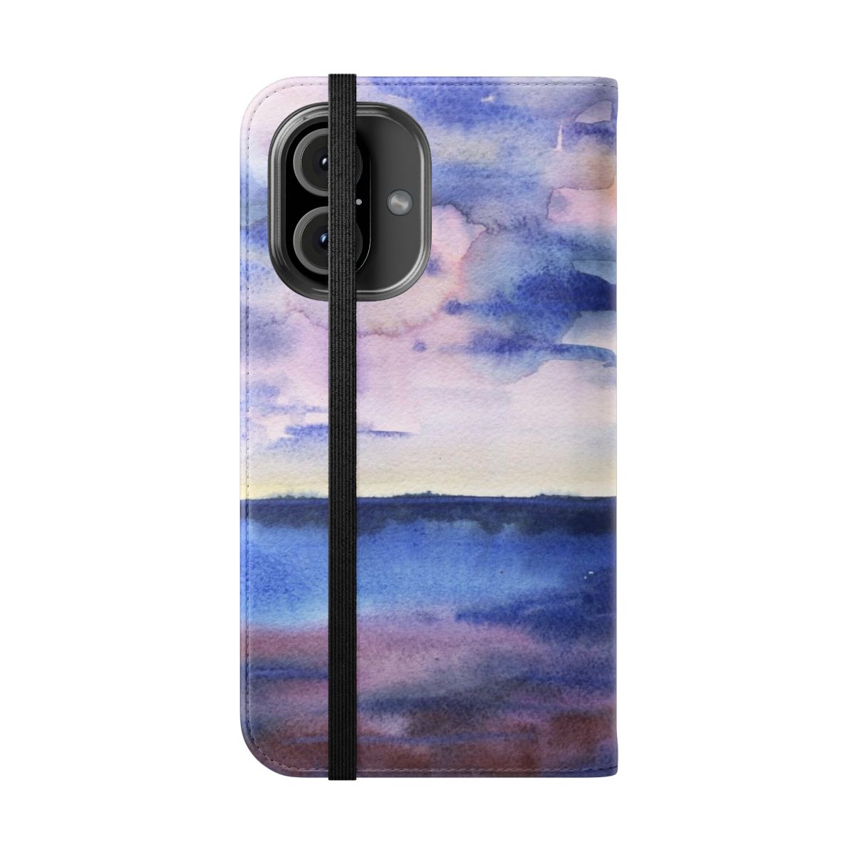 Watercolor landscape design with sky and clouds on a phone case. - Folded Front