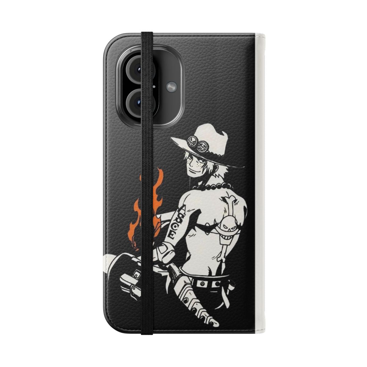 Anime-themed flip cover phone case featuring the character Portgas D. Ace from the popular series One Piece. - Folded Front